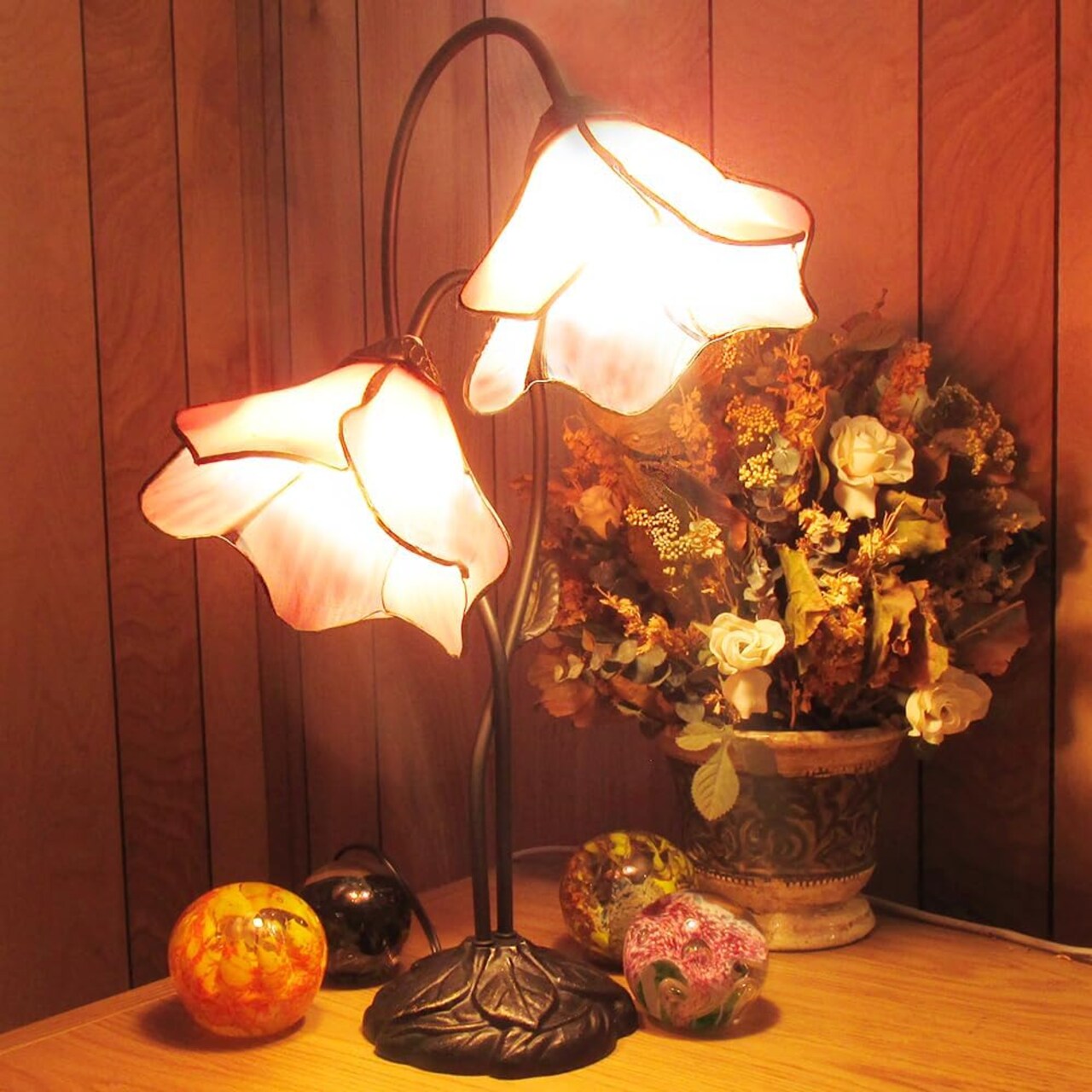Twin Pink Lily Tiffany Stained Glass Shade & Lamp Base - Perfect for a Living Room, Bedroom, Office, & More